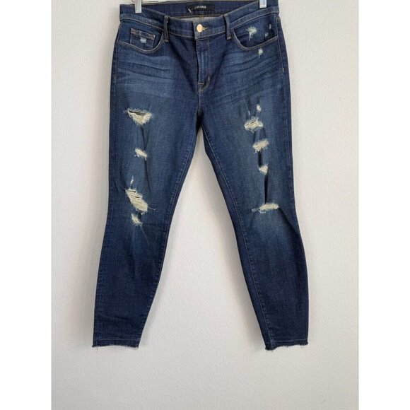 J‎ Brand Cropped Jeans Women's 31 Blue Demen Trou Mid Rise Dark Wash Distressed - Picture 7 of 10